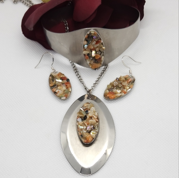 Princess Multi Stone & Abalone Shell Chip Necklace Cuff Bracelet & Earring Set - Picture 12 of 16